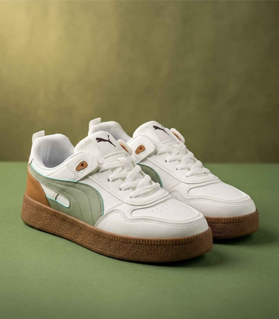 Retro Neo-Classic Sneakers – Sage Green & Tan Accents
