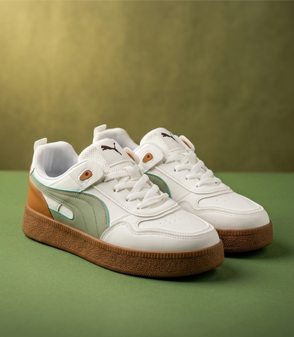 Retro Neo-Classic Sneakers – Sage Green & Tan Accents