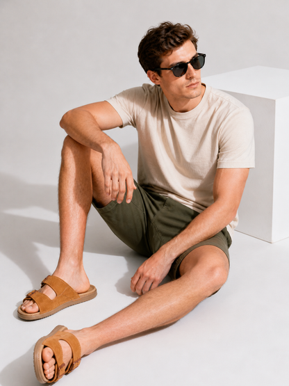 Sportz Men's Tan Suede Two-Strap Buckle Sandals