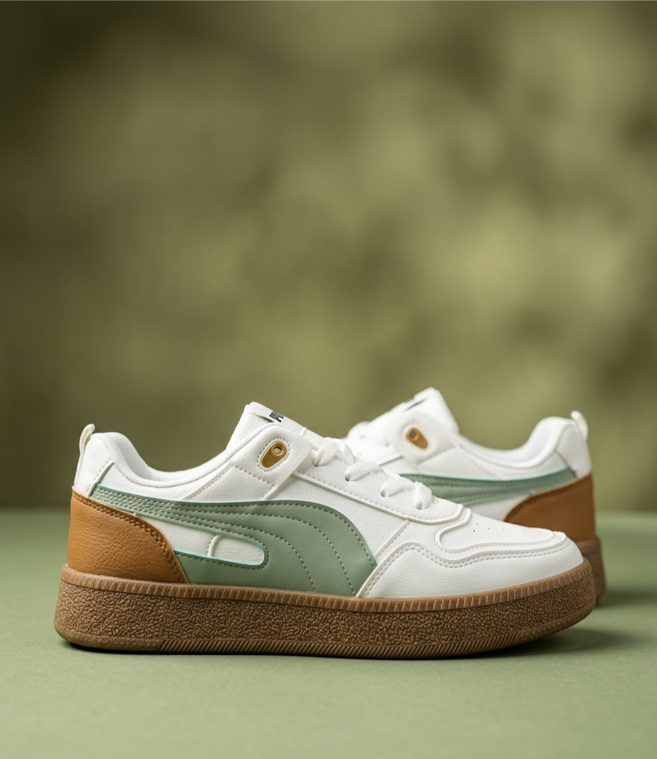 Retro Neo-Classic Sneakers – Sage Green & Tan Accents
