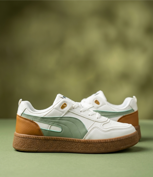 Retro Neo-Classic Sneakers – Sage Green & Tan Accents