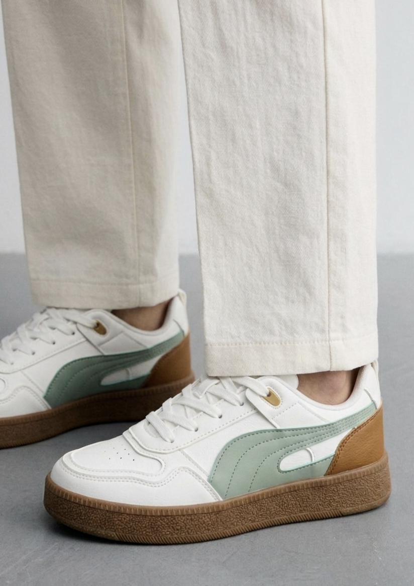Retro Neo-Classic Sneakers – Sage Green & Tan Accents