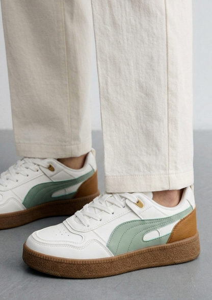Retro Neo-Classic Sneakers – Sage Green & Tan Accents