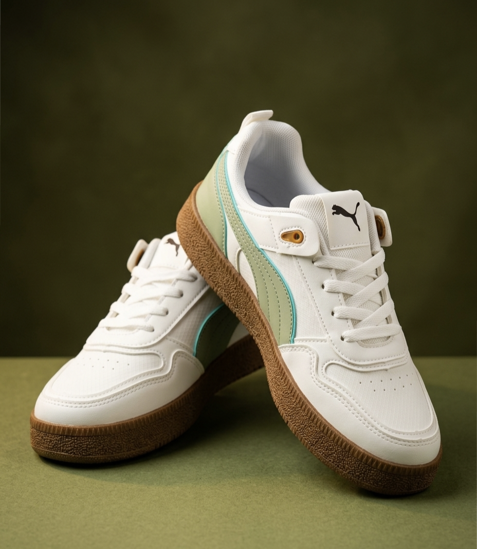 Retro Neo-Classic Sneakers – Sage Green & Tan Accents