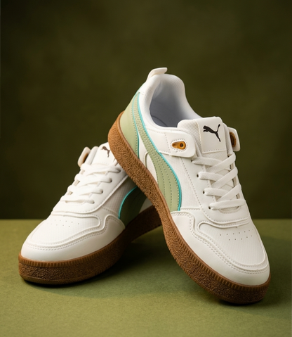 Retro Neo-Classic Sneakers – Sage Green & Tan Accents